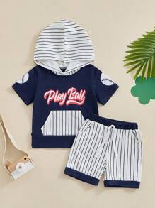 Kids Boys Shorts Set, Short Sleeve Letters Baseball Print T-Shirt With Striped Shorts Toddler Set Summer Outfit
