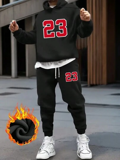 2pcs Hooded Sweatshirt & Sweatpants Suit For Men, Thermal Lined Warm Winter Tracksuit Set, Plus Size Loose Fit Graphic Print Hoodie & Jogger Pants, Casual Outfit