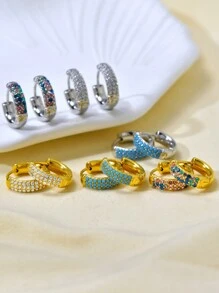 TONSI 1 par de pendientes de aro de acero inoxidable chapado en oro de 18k con turquesa azul y circonia incrustada de manera artesanal, estilo europeo y americano Ins para mujeres