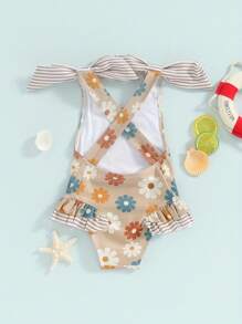 Toddler Kids Girls Swimsuit Floral Print Bowknot Shoulder Straps Beachwear Sleeveless Ruffles Summer Beach Bathing Suit - Màu Khaki - Xem 3