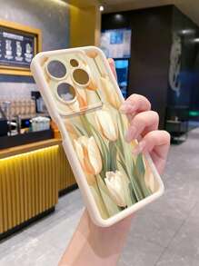 غطاء هاتف مقاوم للصدمات بنمط زهرة التوليب اللون البيج متوافق مع أجهزة أبل/جالاكسي/إنفينيكس/ريدمي/أوبو/فيفو/ريلمي، الإصدار الدولي وليس الإصدار المحلي - بيج - مشاهدة 5