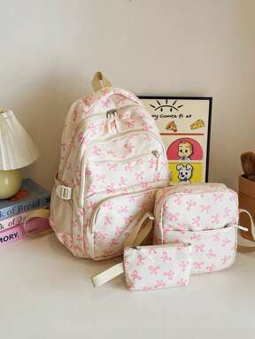 3pcs Nylon Bow Print Backpack Set, Foldable Multi-Pocket Large Capacity Water-Resistant Zipper Backpack Suitable For High School, College Students, Ladies, Daily Use, Commuting, Traveling, Gifts For Valentine's Day, Bag For School College, Preppy Backpack For School