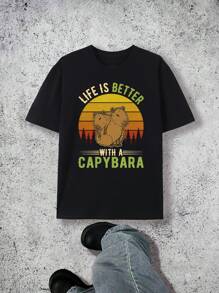 Capybara Cute Cartoon Printed Men's Casual T-Shirt Loose Top Is Suitable For Going Out For Leisure And Daily Exercise. The Quality Fabric Weighs 220g And Is 100% Pure Cotton. - 黑色 - 查看 1