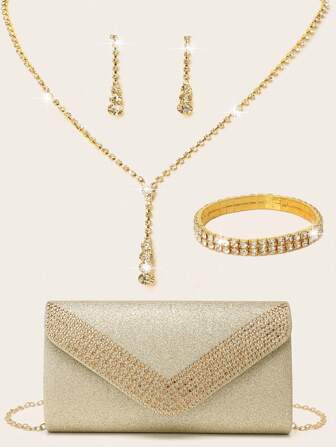 水钻首饰套装 闪亮项链耳环套装 女士晚宴手拿包 新娘婚礼银色闪亮 V 型水晶钻石装饰 女士优雅信封包 舞会包 带可拆卸金属链 钱包 多功能闪光手提包 鸡尾酒会婚礼新款钱包 宴会包