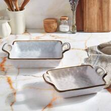 Tabletops Gallery Speckled Farmhouse Collection- Farmhouse White Brown Stoneware Serving Bowl Platter, 2 Piece Geneva Nesting Square Baking Dish Set - White - View 4