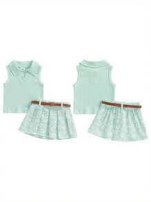 6M-4T Kids Toddler Girl Summer Outfit Solid Color Ribbed Sleeveless Tank Tops And Daisy Print Pleated Skirts With Belt 2Pcs Clothes Set - 綠色 - 查看 2