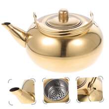 1件大容量加厚不锈钢玲珑茶壶花茶壶酒店餐厅自助餐厅茶壶带盖茶壶水壶户外露营 - 金色 - 查看 3