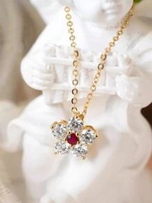 1 件优雅 925 纯银镀 19K 金红宝石项链，女士花卉设计奢华项链，适合日常、派对佩戴、生日礼物 - #1 - 查看 6