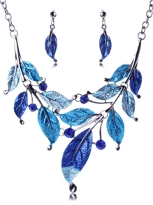 1 set Collier pendentif à feuilles émaillées colorées vintage et boucles d'oreilles pour femmes