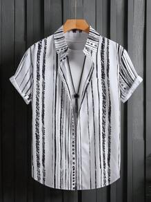 Camisa casual de manga corta con rayas para hombre, con patrón de líneas negras y blancas, para verano - Blanco y Negro - Ver 1
