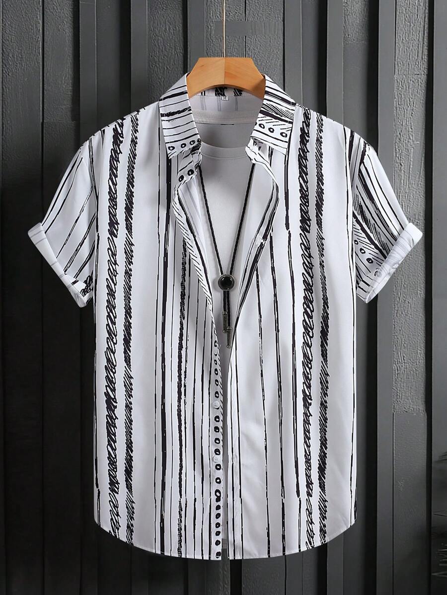 Camisa casual de manga corta con rayas para hombre, con patrón de líneas negras y blancas, para verano - Blanco y Negro - Ver 1