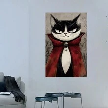 Impresión de lienzo con marco del arte de pared de gato vampiro de Halloween, decorativo para sala de estar, dormitorio, baño, oficina, pasillo, cocina, decoración del hogar