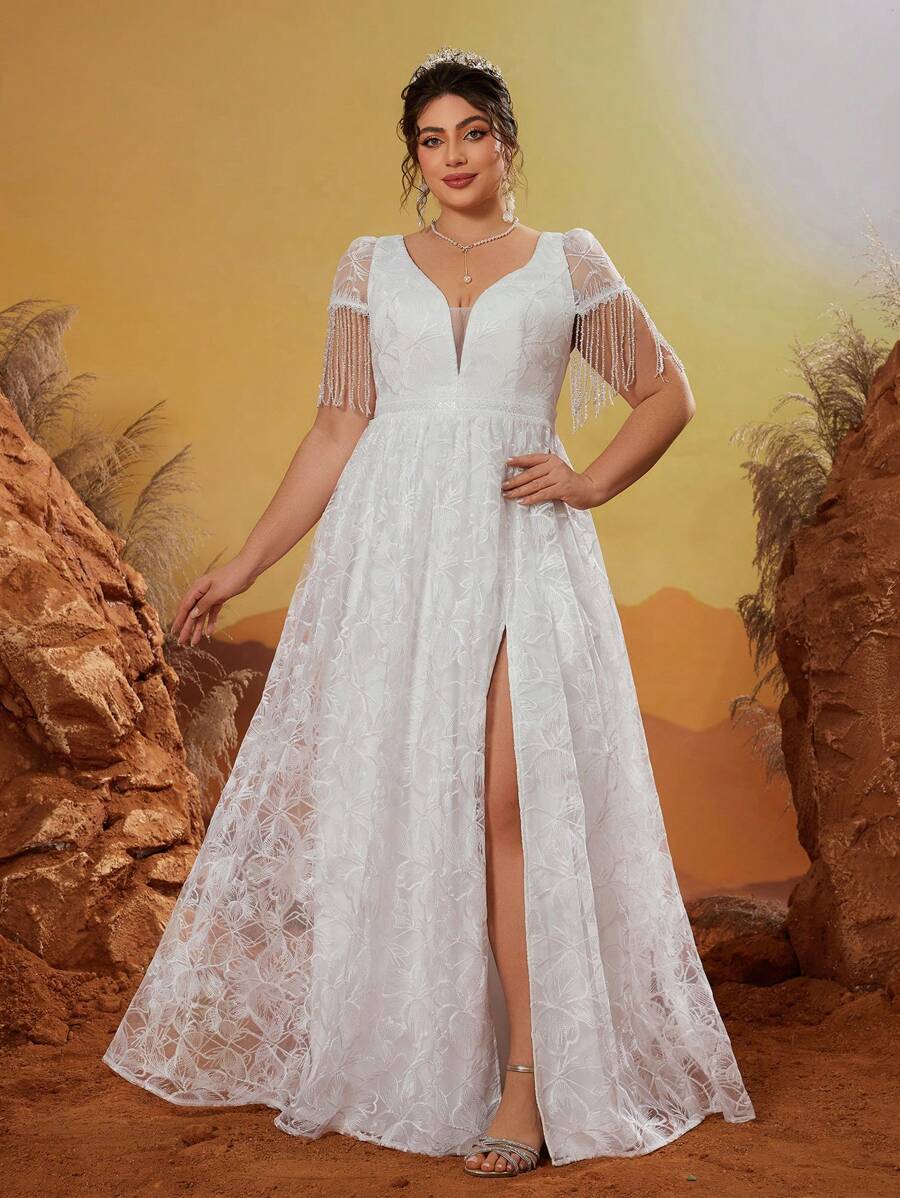 V-Neck Embroidered Lace Bishop Sleeve Pearl Trim Front Slit High-End Wedding Dress