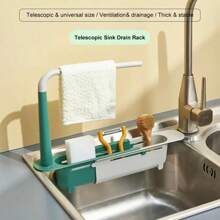 Kitchen Sink Organizer Telescopic Sink Shelf Soap Sponge Holder Towel Hanger Sink Drain Rack With Drainer Basket Kitchen Gadgets - Black - View 5