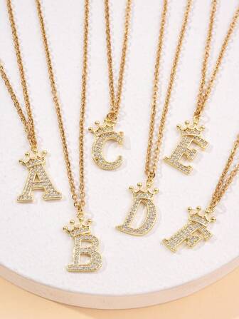 1 pieza Estilo Ins Collar con dije de corona con 26 letras del alfabeto inglés completamente de rhinestones, accesorios de cadena de collar DIY, cadena de collar de acero inoxidable y dije de cobre
