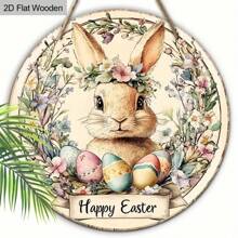 1 件经典复活节兔子花环设计 - 7.87 X 7.87 英寸圆形木质壁挂装饰，春季和节日农舍门和门廊装饰，木制，无需电源 - 彩色 - 查看 4