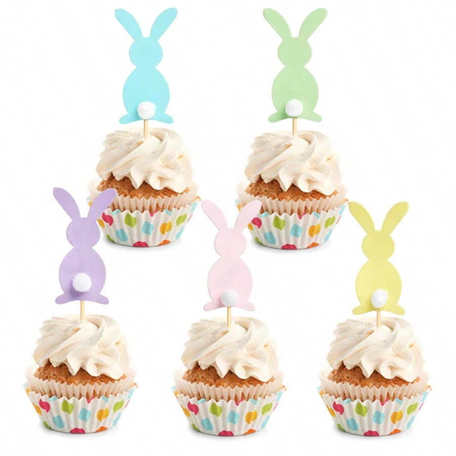 10 piezas/5 piezas Decoración para cupcakes con conejo de pascua de dibujos animados estilo macarrón para fiestas de cumpleaños y de pascua - Multicolor - Ver 1
