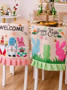 1 pieza Decoración de Pascua Funda para silla de imitación de lino impreso con diseño de conejo