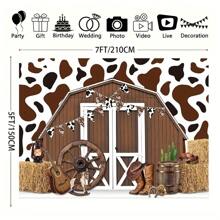 Cheerful Cow Print With Barn Background: Western Ranch Cow Barn Hay Backdrop, Suitable For Party, Christening And Photo Booth - 1pc - View 5