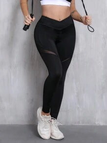 女士纯色网眼拼布针织紧身裤，适合日常健身和瑜伽 - 彩色 - 查看 5