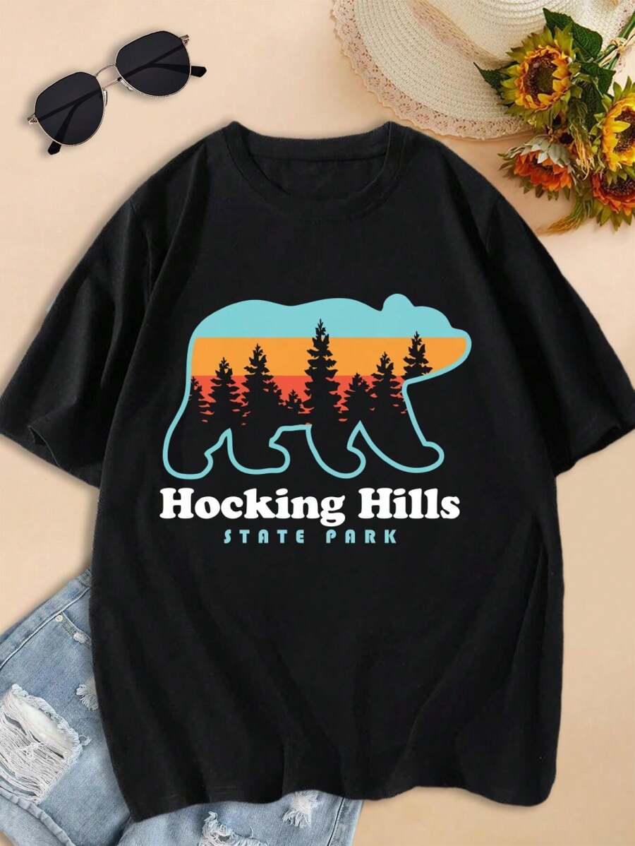 Women's Hocking Hills State Park Ohio Bear T-Shirt - Cute Hiking Nature Souvenir - 黑色 - 查看 1