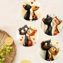 1 Set Of 6 Couple Cat Wooden Coasters - Heat-Resistant Coasters For Home, Afternoon Tea, Coffee - Ideal Valentine's Day Gift - Multicolor - View 5