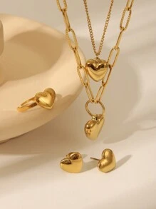 4 件简约不锈钢 18K 镀金双层心形吊坠项链、环形耳环、开口戒指首饰套装，适合精致女士，适用于情人节、派对、约会、礼物、日常、节日、派对、婚礼、订婚、母亲节、最佳朋友礼物