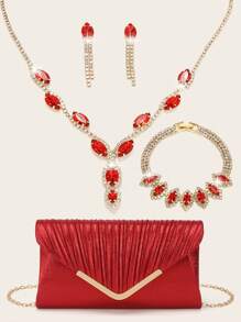 Rhinestone Jewelry Set Bling Necklace Earrings Bracelets Set For Women Evening Clutch Bag V-Shaped Wrinkling Shiny Handbag Wedding Sparkling Glitter Handbag For Women Prom With Detachable Metal Chain For Wedding And Party Shoulder Bag For Women's Handheld Evening Bag Versatile Glitter Handheld Bag Cocktail Party Wedding New Wallet Banquet Bag