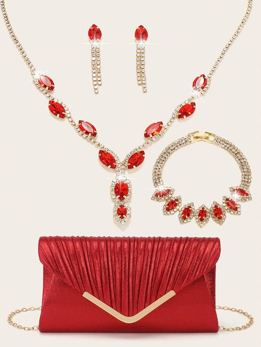 Rhinestone Jewelry Set Bling Necklace Earrings Bracelets Set For Women Evening Clutch Bag V-Shaped Wrinkling Shiny Handbag Wedding Sparkling Glitter Handbag For Women Prom With Detachable Metal Chain For Wedding And Party Shoulder Bag For Women's Handheld Evening Bag Versatile Glitter Handheld Bag Cocktail Party Wedding New Wallet Banquet Bag