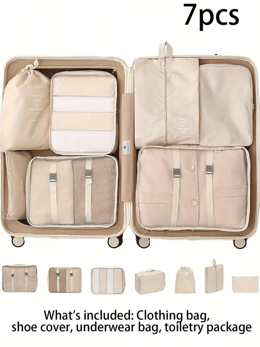 7pcs/Set Travel Organizer Set: Shoe Bags, Clothing Packing Cubes, Luggage Organizer Bags, Underwear Bags, Cosmetic Bags, Makeup Brush Bags, Handbag Organizers Vacation Home Bathroom Decor Holiday Makeup Organizer Bathroom Accessories Back To School
