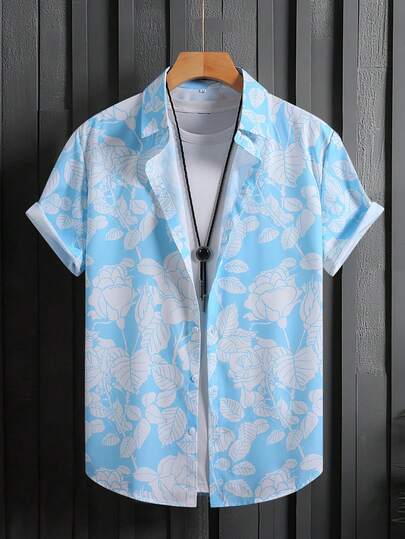 Camisa de manga corta informal para hombres, ropa de verano para hombres, con estampado de rosas blancas