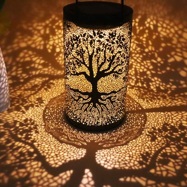 1pc Solar Powered Tree-Patterned Lantern, Outdoor Waterproof Vintage Metal LED Large Tree Decorative Light, Solar Garden Yard Lawn Lamp For Garden Decoration, Patio, Porch And Lawn Lighting, Eid Decoration
