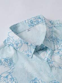Camisa casual de manga corta para hombre, estampado de rosas blancas y azul cielo, verano - Celeste - Ver 4