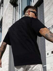 Men's Solid Color Low Elasticity Simple Lightweight Loose Fit Short Sleeve T-Shirt, Versatile For Summer - Black - View 4
