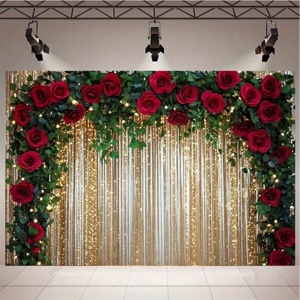 1 Stück goldfarbener Glitzer Hintergrund mit roten Rosen und grünen Blättern - Seidenrahmen, geeignet für Hochzeiten, Bridal-Shower, Jahrestage und Partys - Vielseitiger Fotohintergrund, ohne Strombedarf