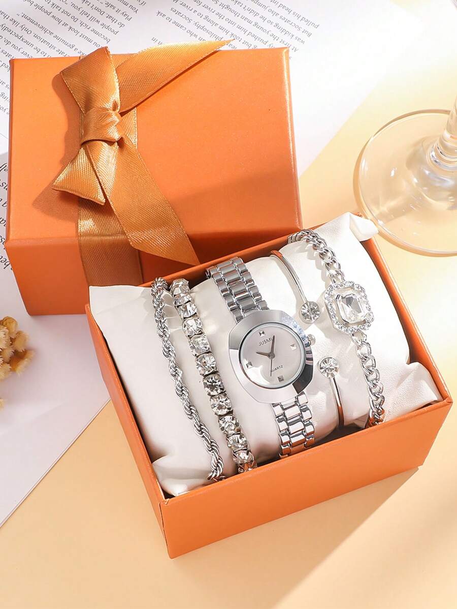 5 件套时尚水钻表盘圆形表盘钢带石英表 + 宝石手链套装，适合返校、生日、新年、情人节礼物 - 銀色 - 查看 1