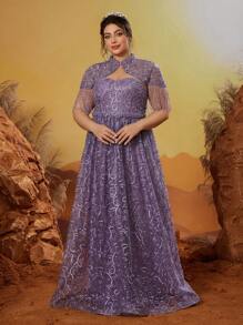 Plus Size Anpokt Stand Collar Embroidered Lace Mid-Sleeve Flare Hem Split Evening Dress, Party Dress, Wedding Guest Dress, Formal Dress,Gown - Purple - View 4