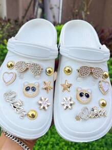 18pcs Clogs DIY Shoe Charms Set, Including Gold Sunglasses, Cute Rhinestone Bear Head Shoe Clips, Detachable Decorative Buttons. Holiday Gift