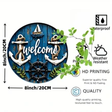 1pc Vintage Maritime Welcome Sign - Flat Metal Wall Art With Anchor, Ship Wheel, Sailboat Nautical Theme Decor - Suitable For Beach House, Bar, Outdoor Spaces Round Metal Coastal Greeting Sign - 7.8 Inch Retro Seaside Plaque - Perfect Ocean Decoration For Home, Hotel, Commercial Spaces, Gift - Random Hole Placement - Multicolor - View 9
