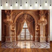 Fond photo de style palais avec lustre et porte voûtée, réalisé en matériau polyester polyvalent, convient pour la photographie de portrait d'adulte et la prise de vue en studio, peut être utilisé comme décoration élégante pour les événements de printemps et d'été - 1 pièce