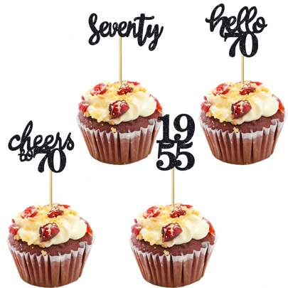 12pcs 70th Birthday Cupcake Toppers, Shiny Seventy, Hello 70, Cheers To 70 Years, Cupcake Picks, 70th Birthday Celebration Cake Decorations, 70th Anniversary Party Supplies