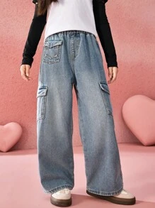 ASK JUNIOR Twenn 女童儿童裤子春夏女童复古洗水牛仔裤直筒工装口袋休闲裤