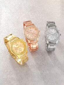 DQG 3 Pieces/Set Fashion Steel Band Watch Set, Exquisite Digital Dial Display, With Alloy Case, Rhinestone Design, Not Waterproof, Exquisite, Elegant, Fashionable Watch Set Combination, Perfect Choice For Gifting Family/Friends/Lovers