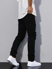 Men's Slim Fit Straight Leg Washed Jeans, Personalized Pattern Casual Trouser With Slant Pockets For Couples Matching - Black - View 2