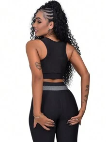 Leggings + Cropped Top Set With Suplex Pad Extra Fitness / Women's Gym Fashion - 灰色 - 查看 4