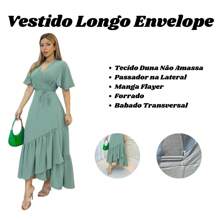 Vestido envelope midi com babado manga flare decote V - Bege - Visão 3