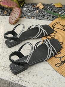 Sandalias abiertas de verano de nueva moda con tiras con strass, tallas grandes 35-43, planas, livianas y cómodas para uso diario casual para mujeres.