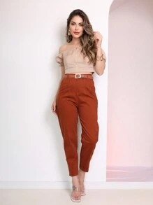 Women's Slim Twill Pants With Pocket And Elastic Belt - Rust Brown - View 1