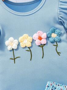 Young Girls Vacation Outfit 2pcs Set: Ditsy Floral Embroidery T-Shirt + Ruffle Hem Ditsy Floral Skirt, Sweet Style For Young Girl Ages 4-7, Spring/Summer Suitable For Outing And Photoshoot