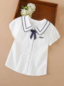 Top de Botões de Manga Curta para Meninas, Top Casual Elegante com Gola de Laço e Manga Bufante para Estudantes do Ensino Fundamental, Top Branca para Meninas Pequenas e Pré-Adolescentes, Novo Lançamento de Verão
